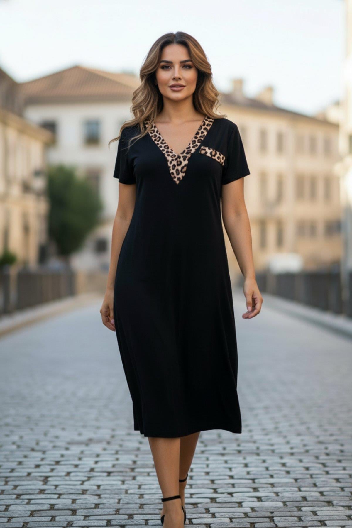 V Yaka Leopar Desen Detaylı Kısa Kollu Viskon  Elbise - Siyah