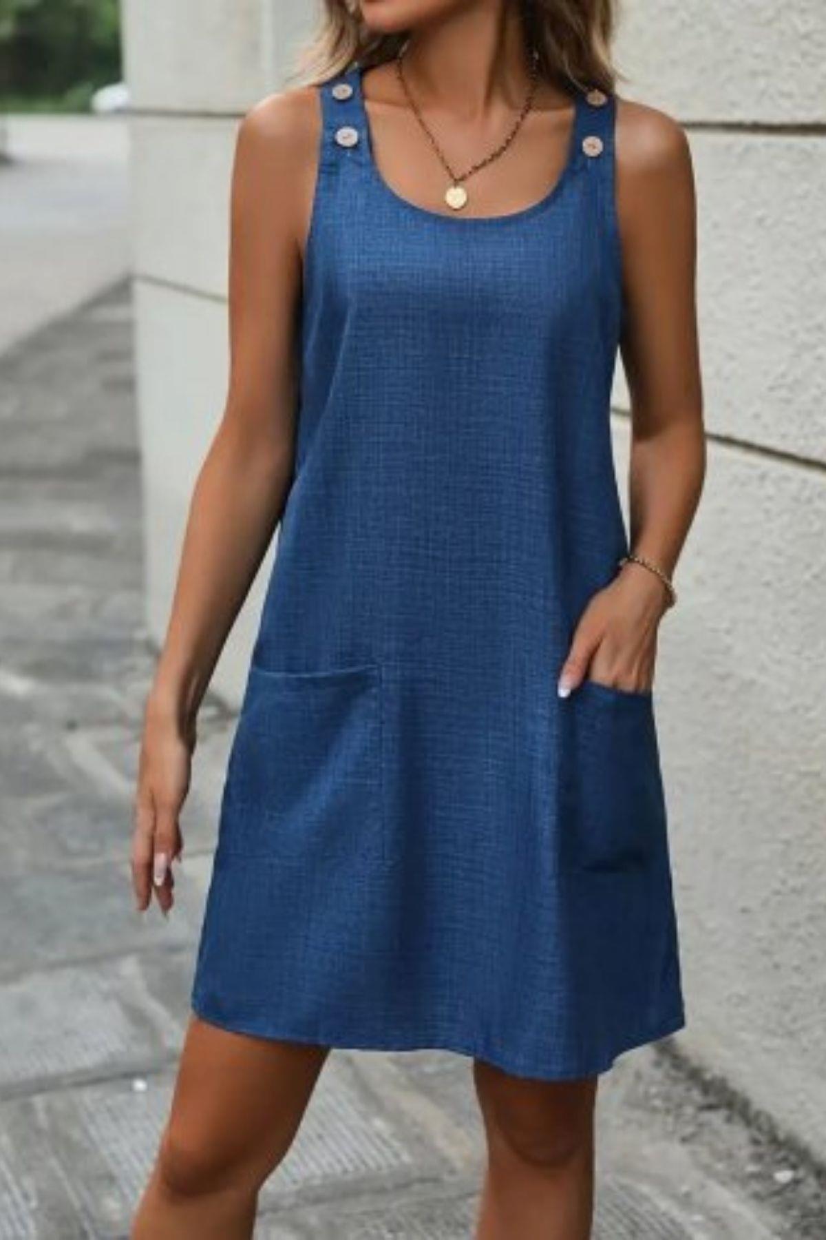 Cepli Ve Düğme Detaylı Omuz Askılı Keten Elbise - Mavi