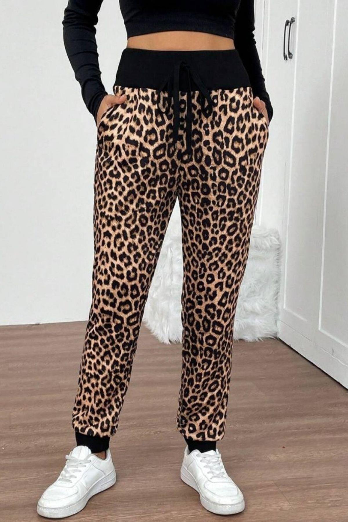 Yüksek Bel Bağcıklı İki İplik Pantolon - Leopar