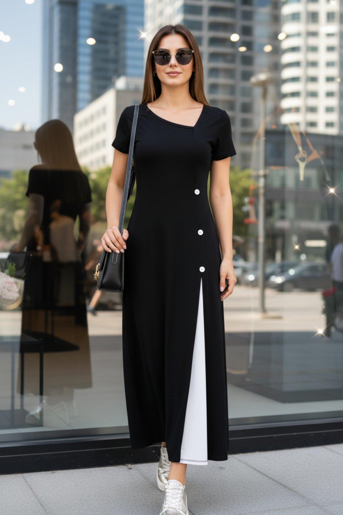 Asimetrik Yaka Düğme Detaylı Midi  Viskon Elbise - Siyah