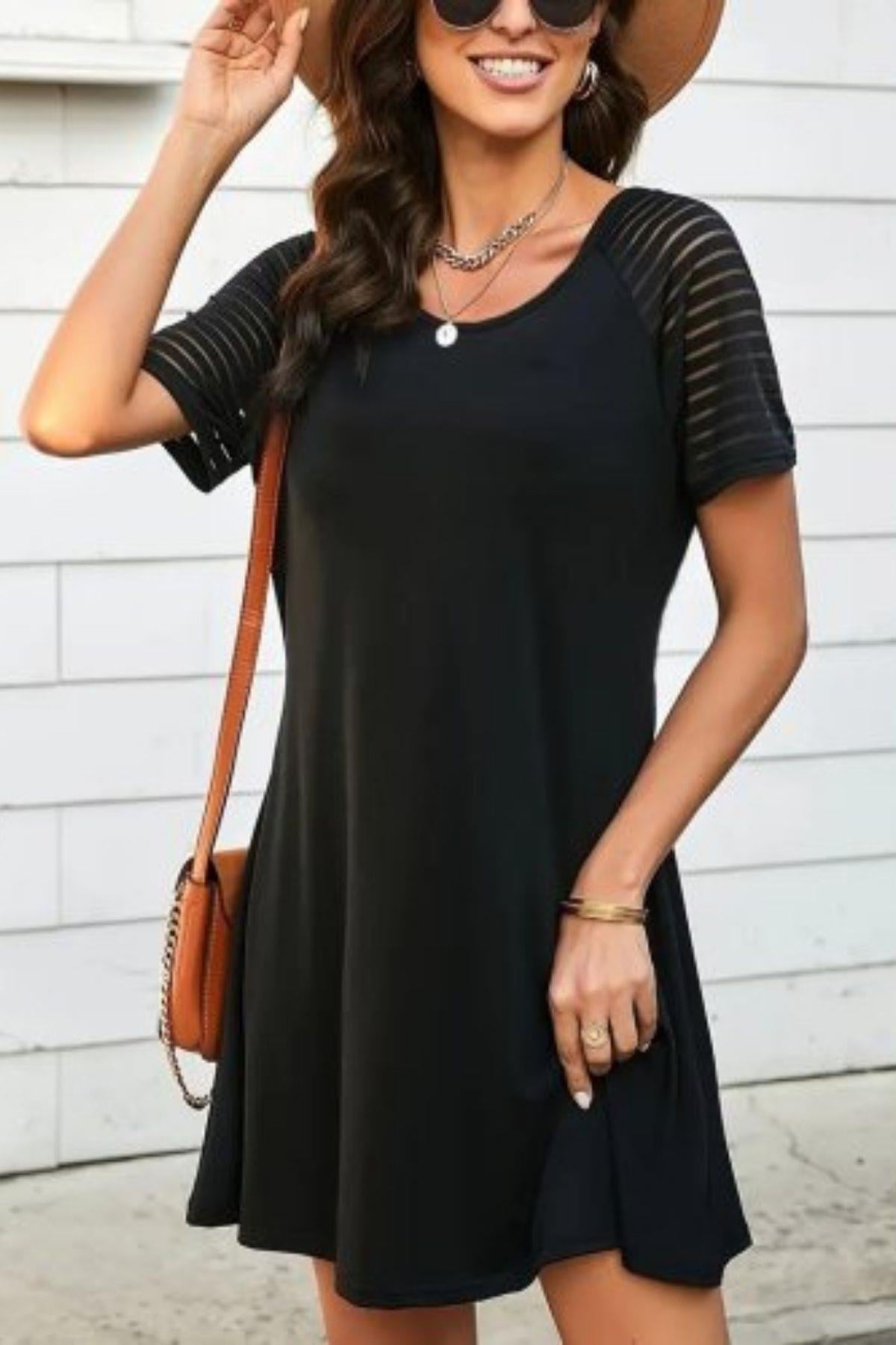 Çizgili File Kol Detaylı Yuvarlak Yaka Viskon Elbise - Siyah