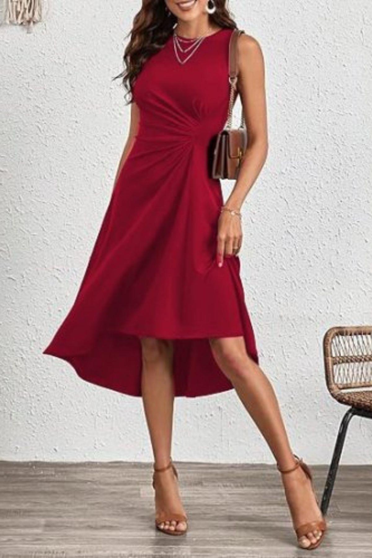 Bisiklet Yaka Bel Büzgülü Krep Elbise - Kırmızı