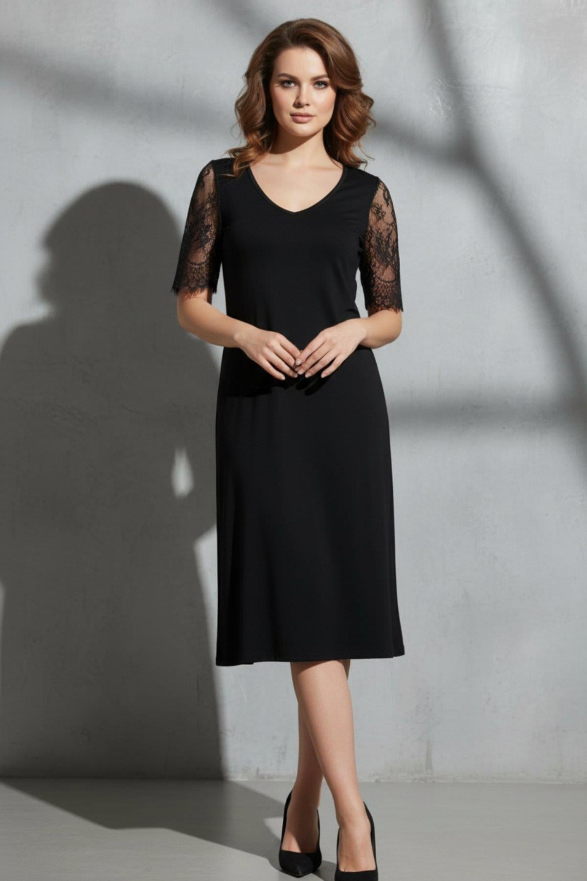 Dantel Detaylı V Yaka Midi Viskon Elbise - Siyah