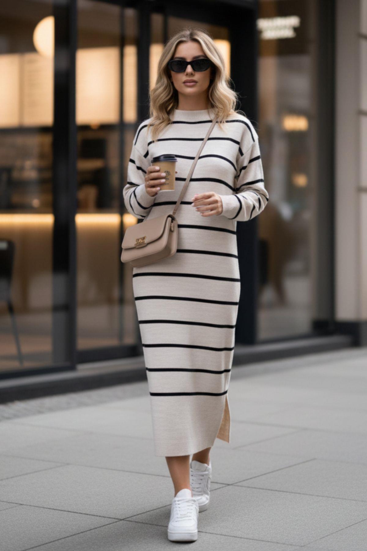 Rahat Fit Çizgili Uzun Triko Elbise