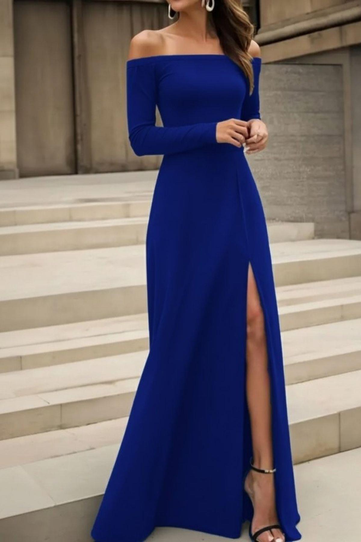 Madonna Yaka Yırtmaçlı Uzun İthal Krep Elbise - Saks