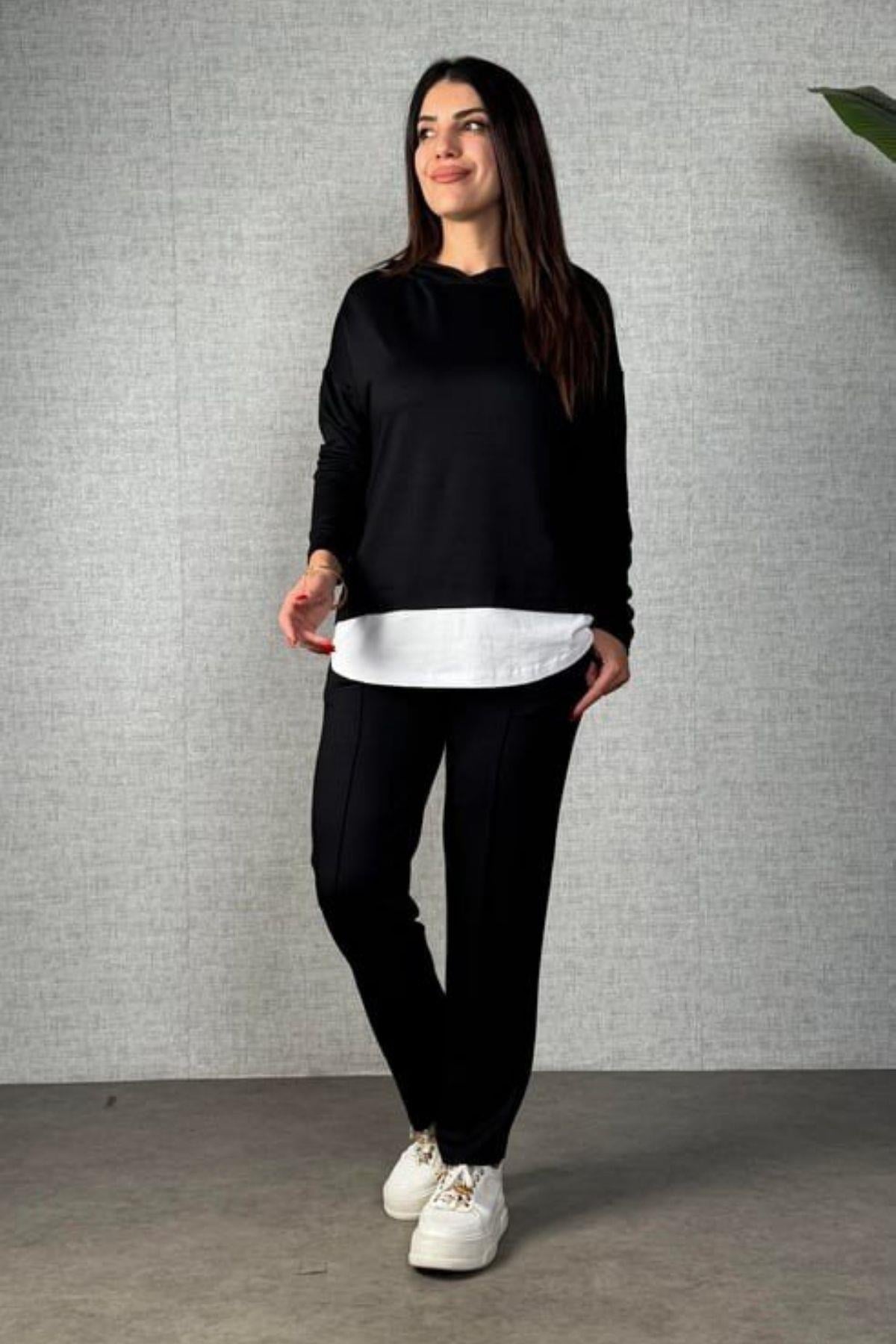 Modern Viskon İki İplik Kumaş Rahat Kalıp Günlük İkili Takım - Siyah