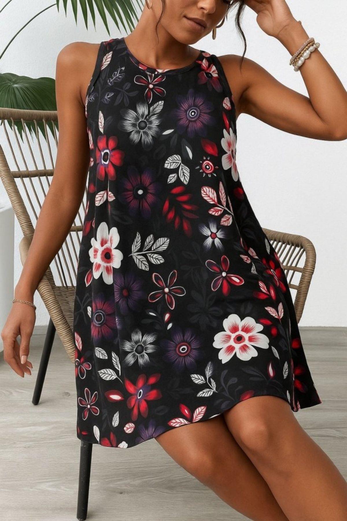 Yuvarlak Yaka A Kesim Süprem Elbise - Siyah