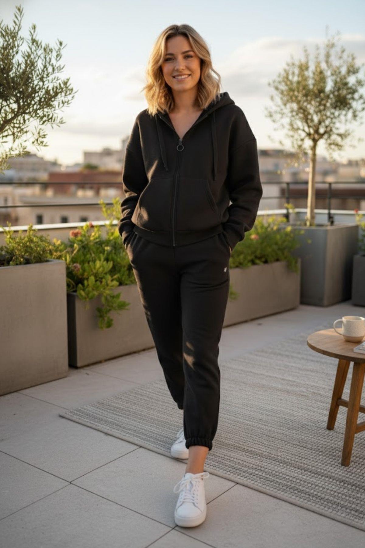 Kadın Siyah Premium Kalın Kapüşonlu Sweatshirt ve Eşofman Altı Takımı