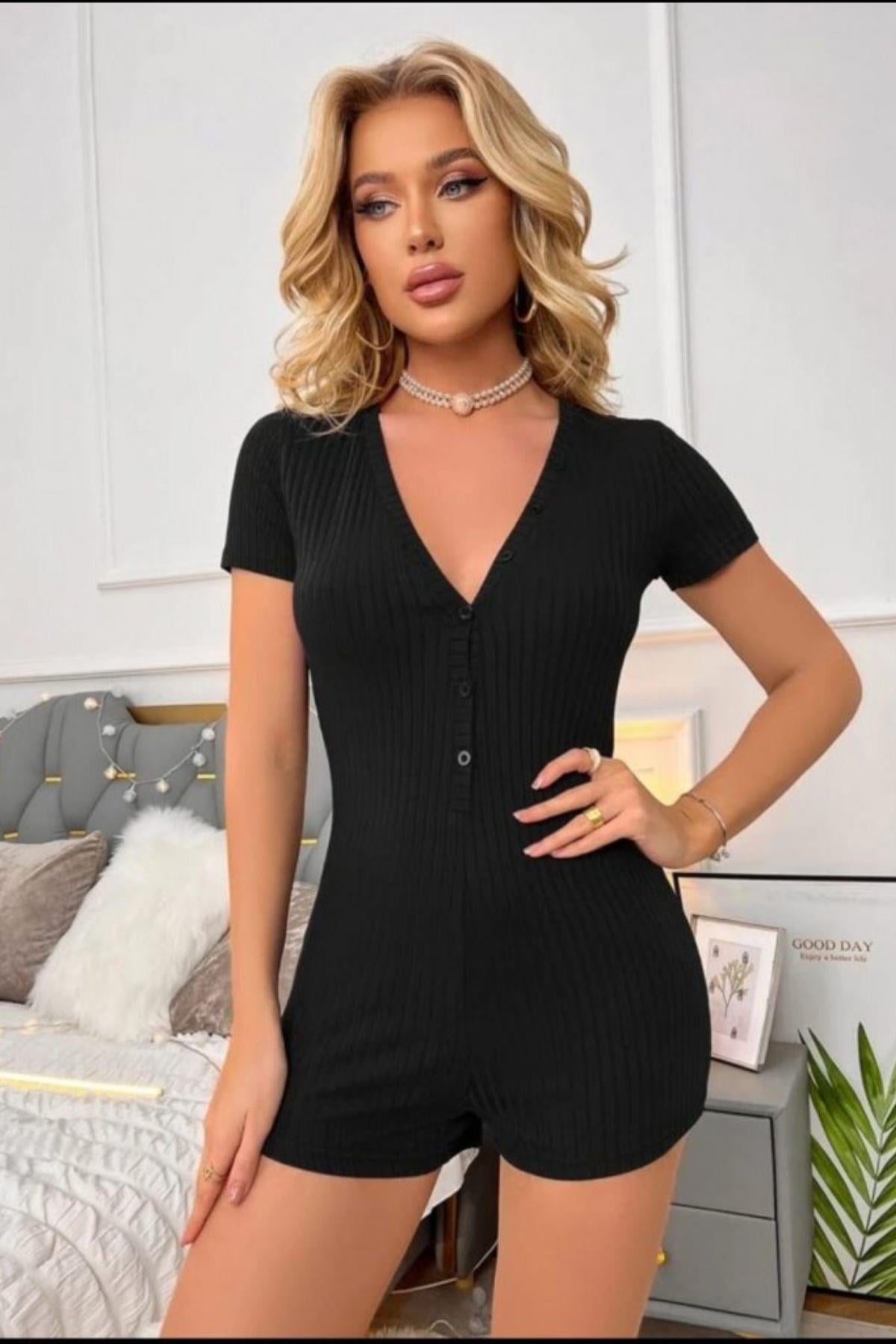 V Yaka Düğme Detaylı Fitilli Kaşkorse Tulum - Siyah