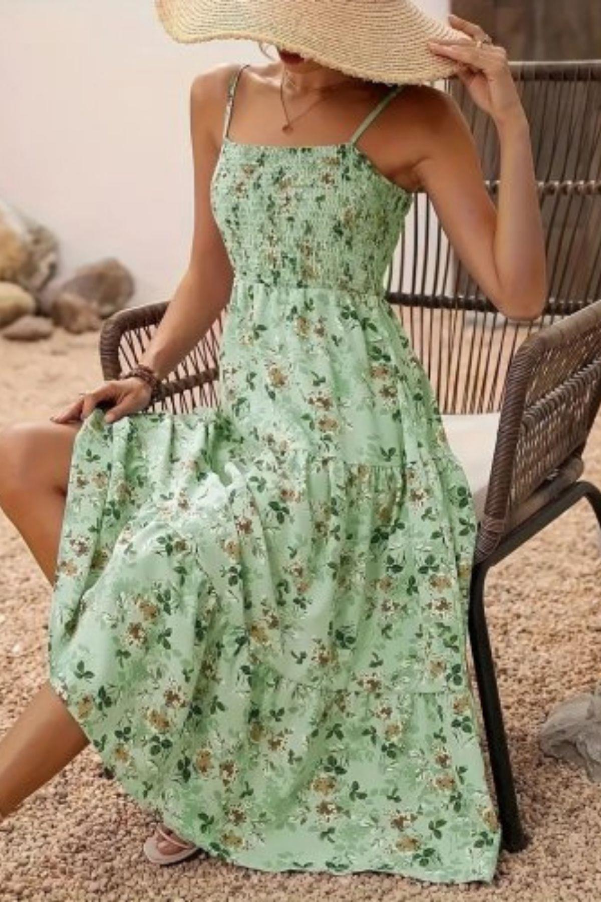 İp Askılı Çiçek Desenli Süprem Elbise - Yeşil