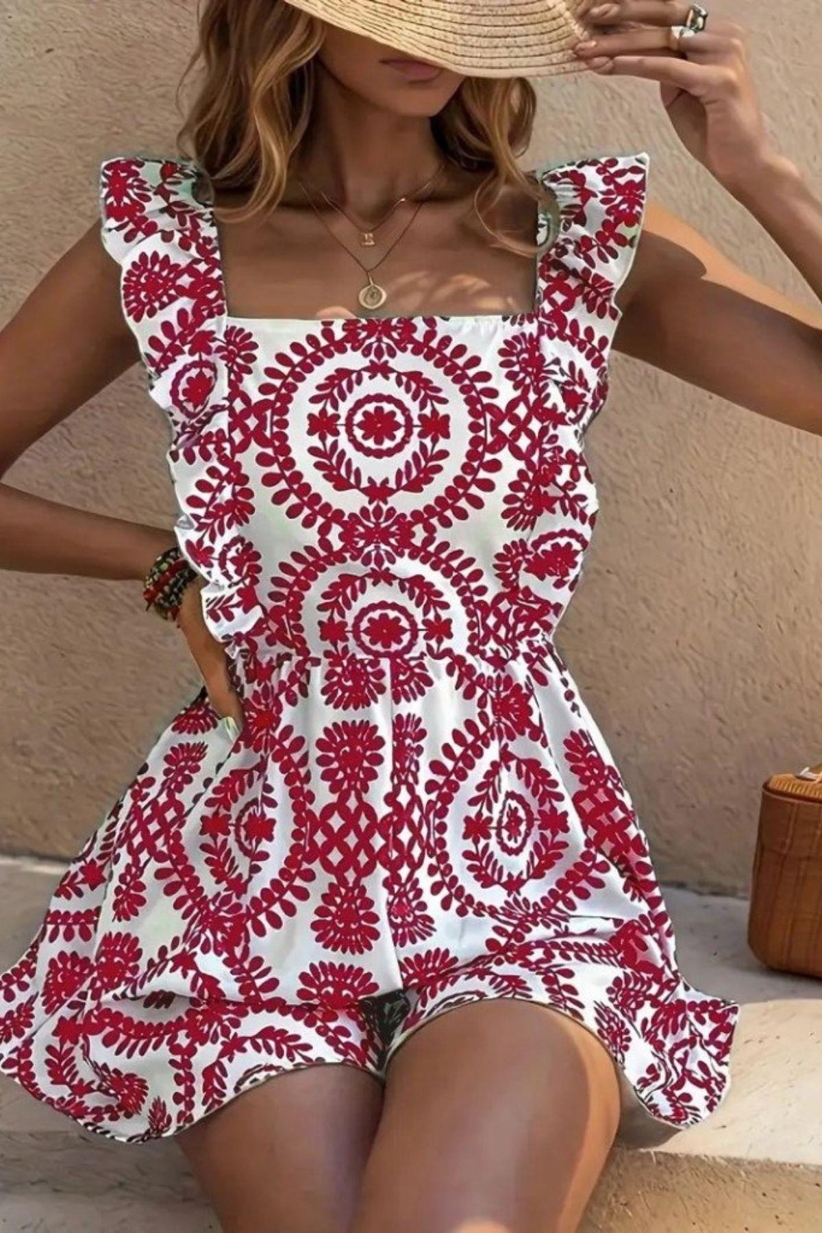 Kare Yaka Bağlama Detaylı Desenli Keten Tulum - Bordo