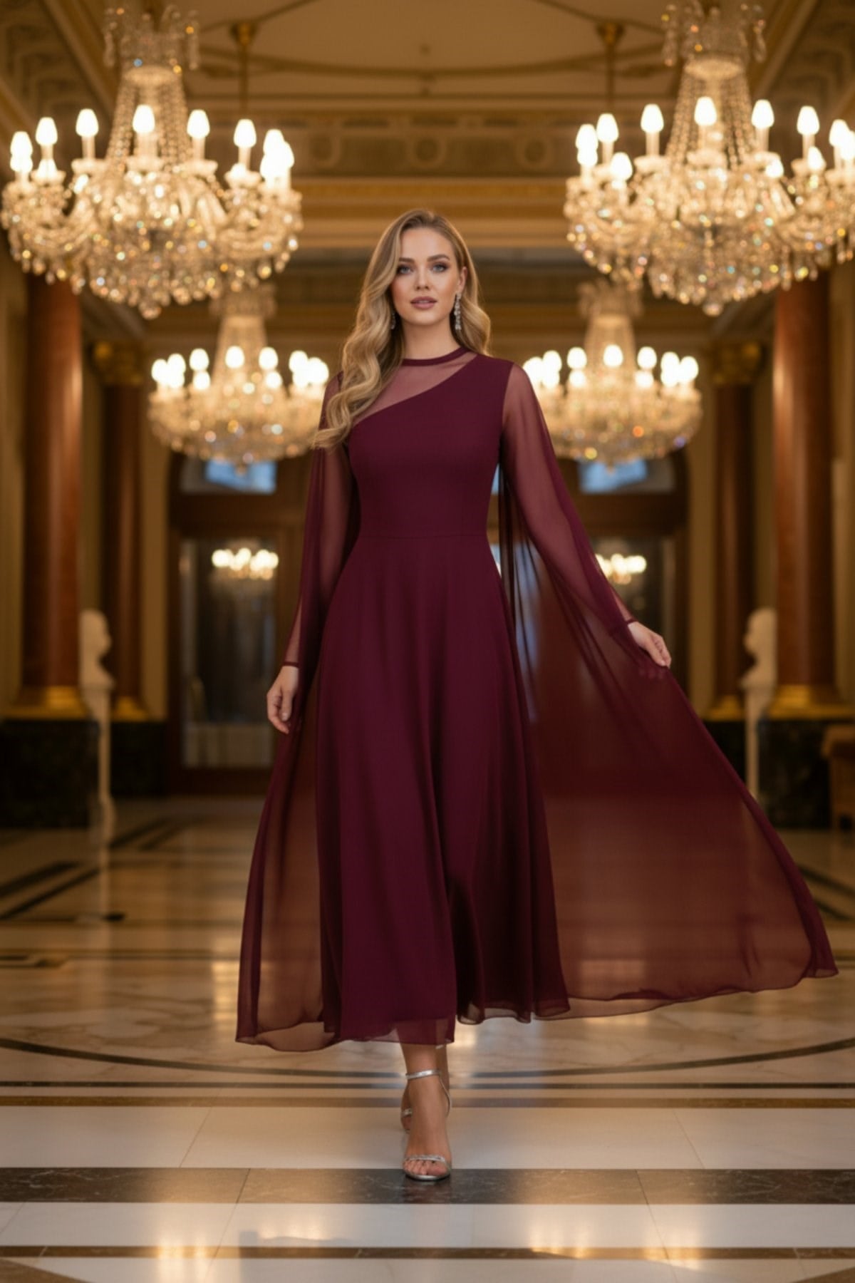 Balıkçı Yaka Tül Detaylı Uzun Sandy Elbise - Bordo