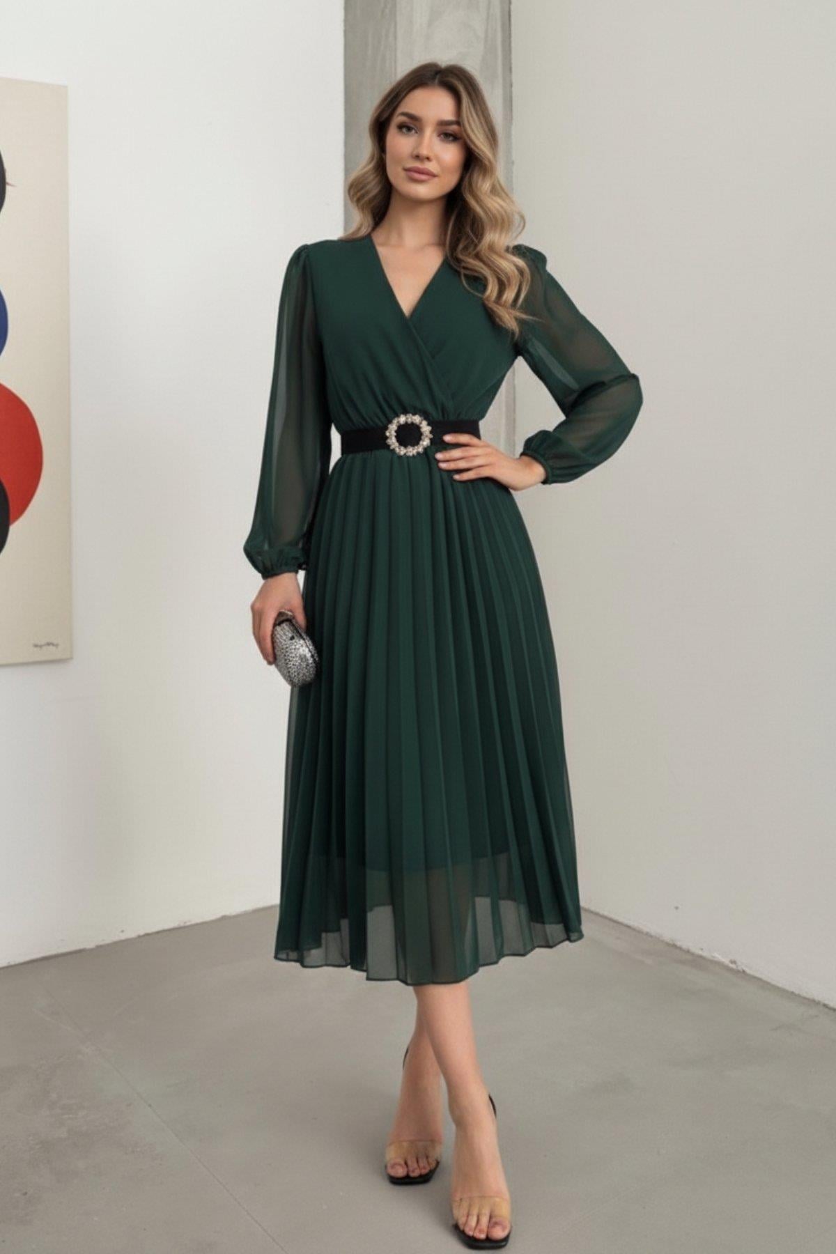 Kruvaze Yaka Şifon Kumaş Astarlı Kloş Kesim Midi Elbise - Yeşil