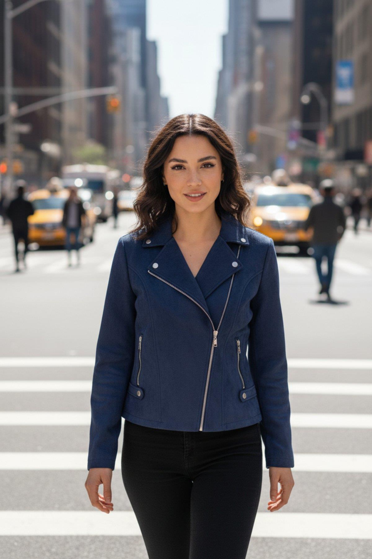 Yan Cepli Süet Dokulu Blazer Ceket - Lacivert