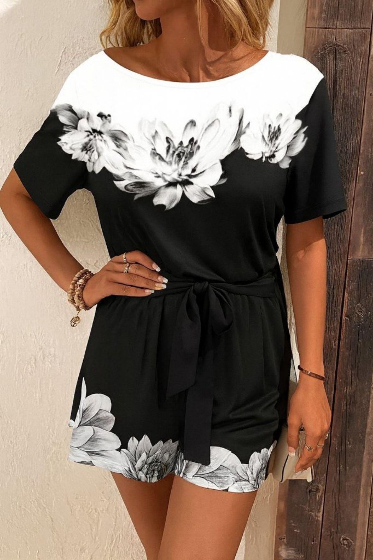 İki İplik Çiçek Baskılı Beli Bağlamalı Mini Tulum - Siyah