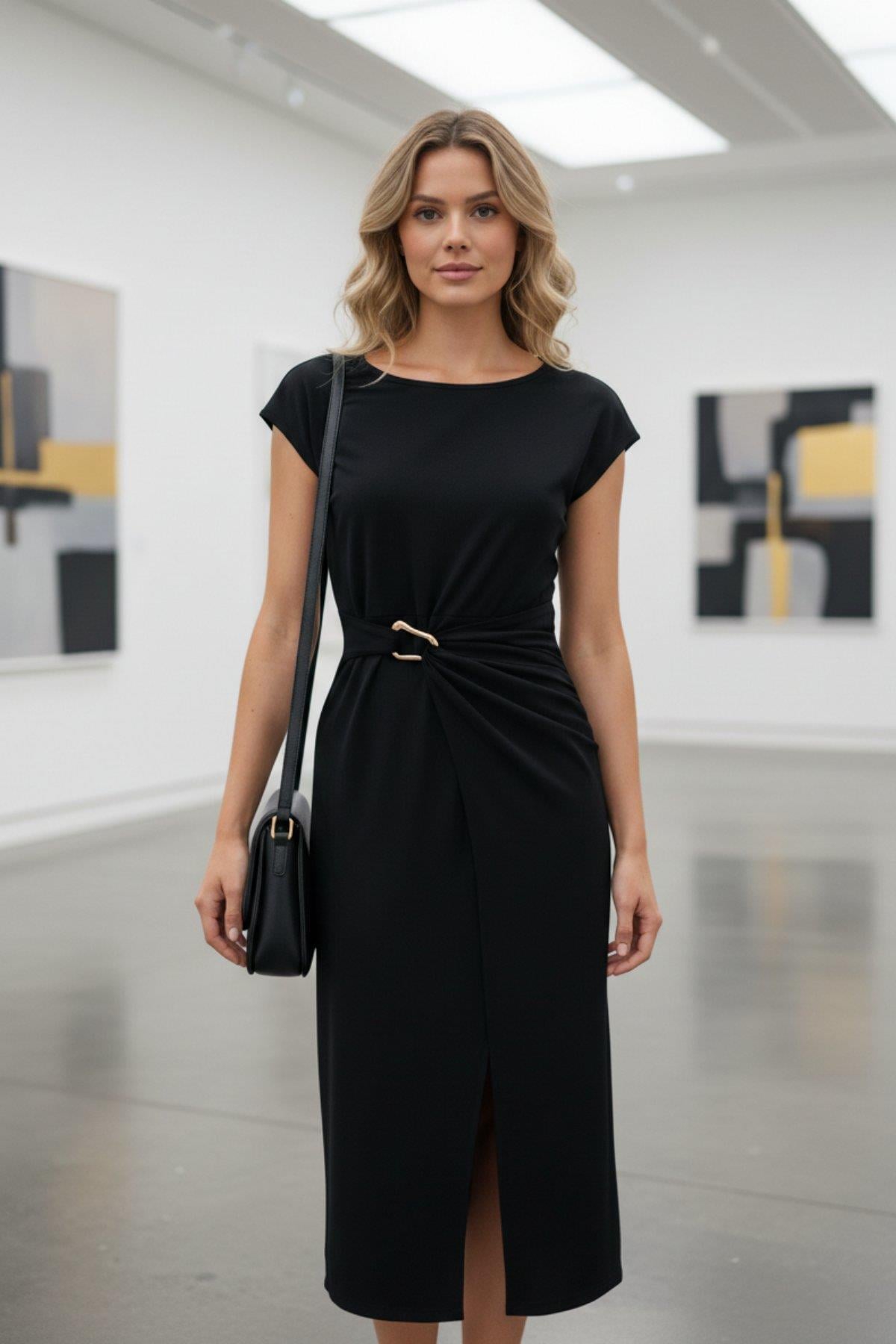 Kayık Yaka Belden Büzgülü Yırtmaçlı Modal Elbise - Siyah