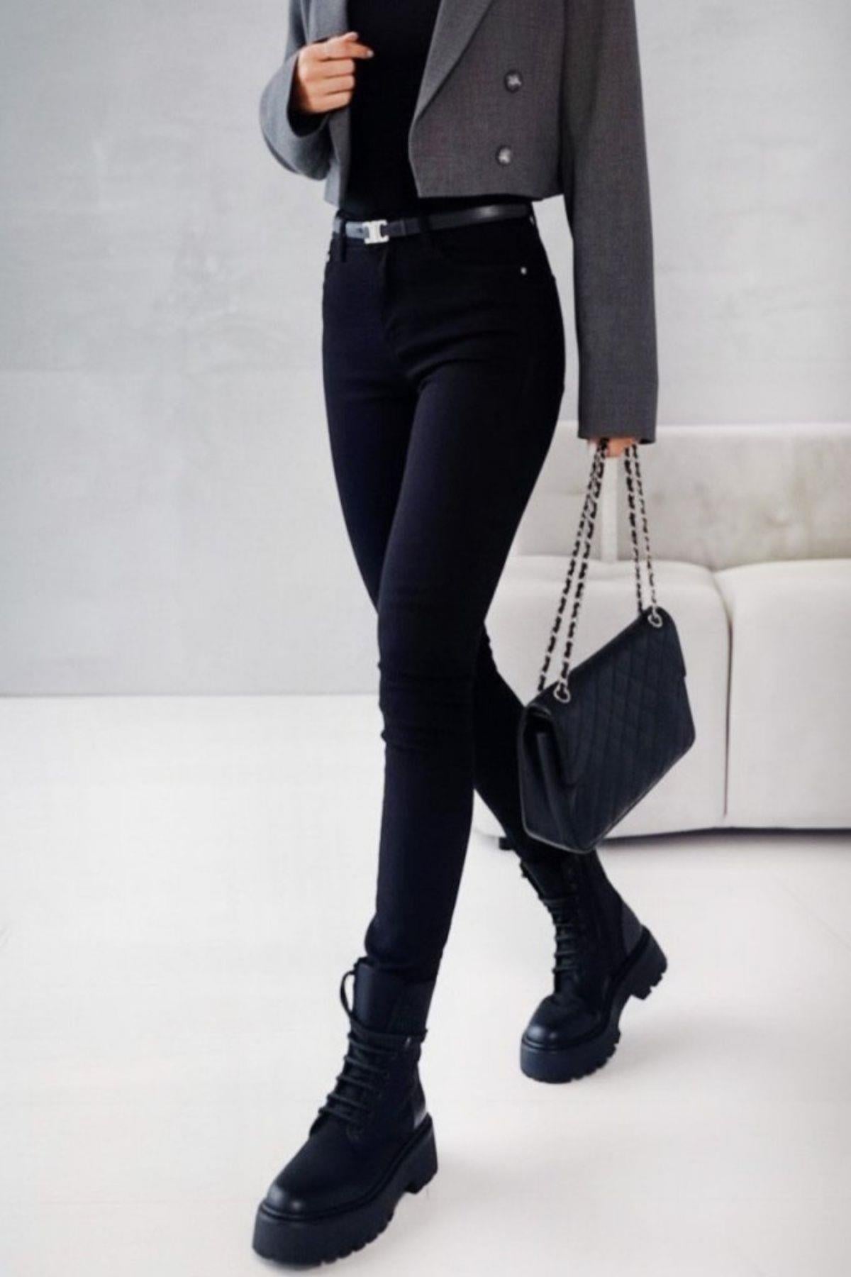 Yüksek Bel Dar Kesim Jean Pantolon - Siyah