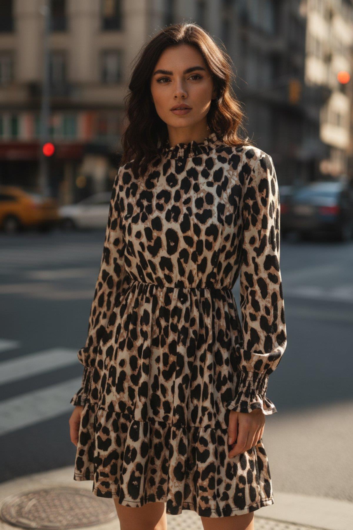 Uzun Kollu Lastikli Bel Mini Modal Elbise - Leopar