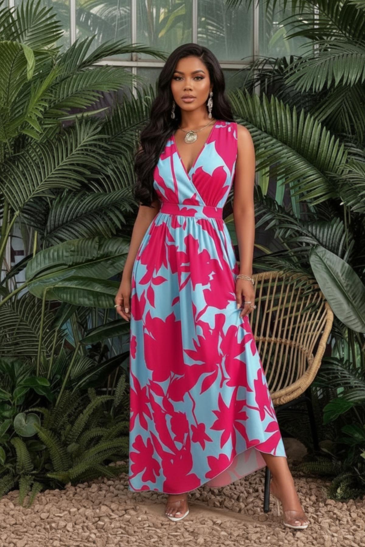 Kruvaze Yaka Çiçek Desenli Süprem Elbise - Pembe