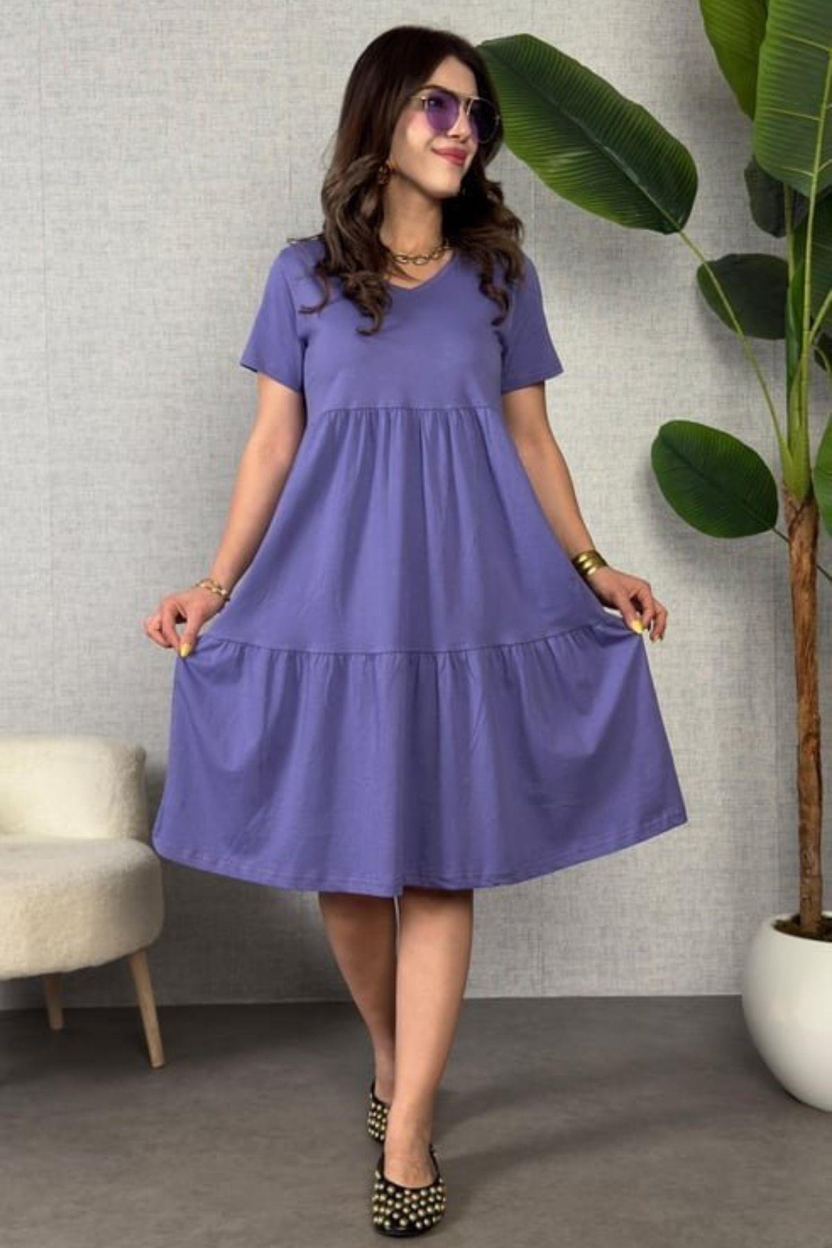 V Yaka Kısa Kollu Viskon Elbise - Mor