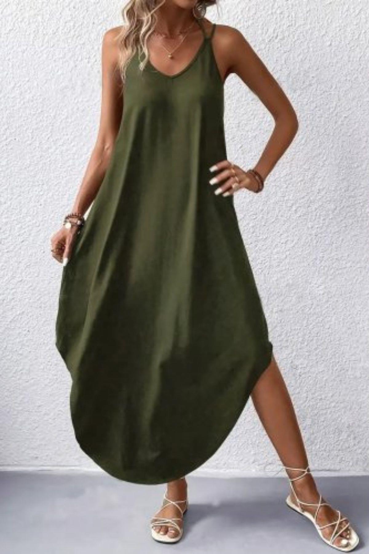 İnce Askılı V Yaka Salaş Viskon Elbise - Yeşil