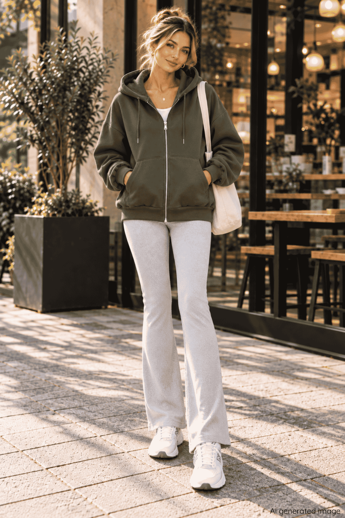 Üç İplik Oversize Kapüşonlu Fermuarlı Sweatshirt Haki