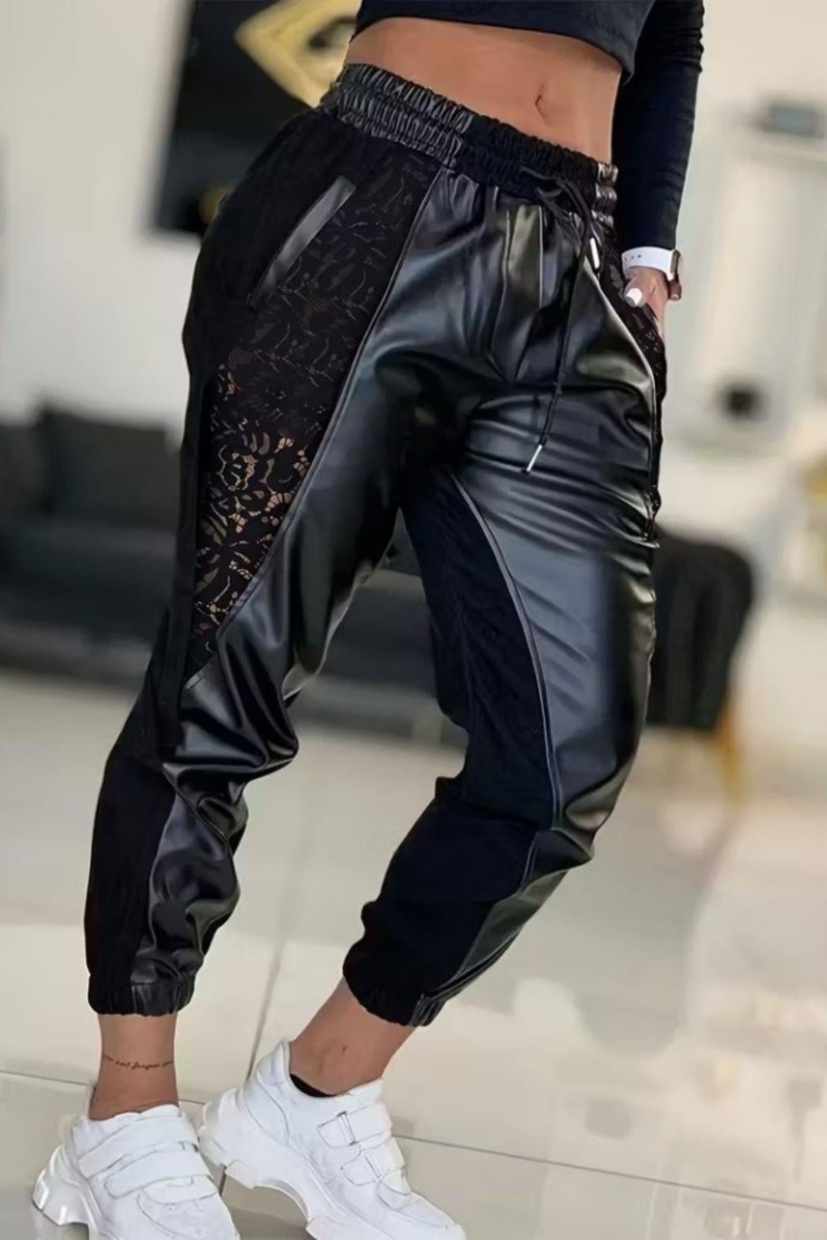 Yüksek Bel Dantel Detaylı Deri Pantolon - Siyah