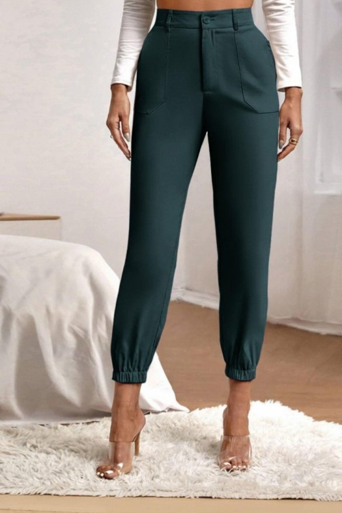 Yüksek Bel Paçası Lastikli İthal Krep Pantolon - Yeşil