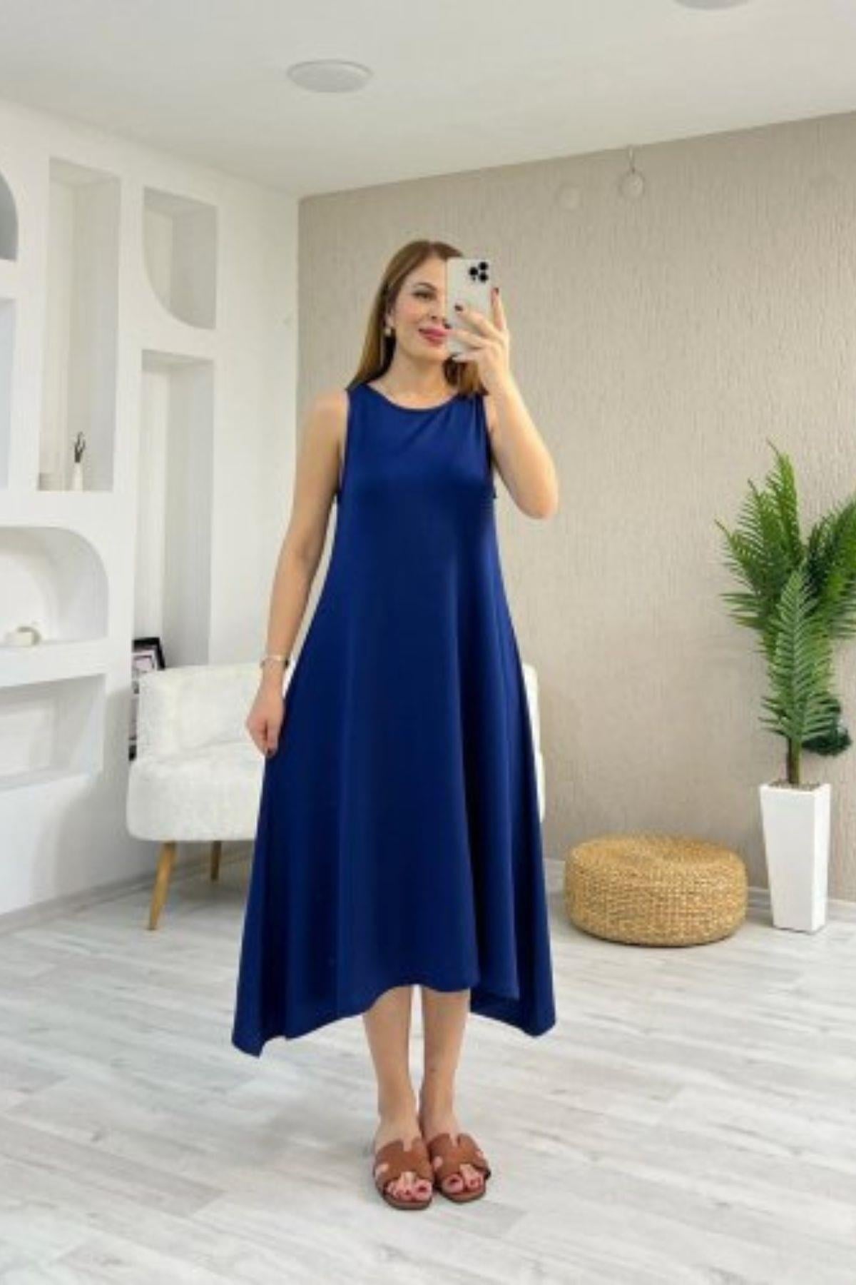 Kolsuz Asimetrik Kesim Viskon Elbise - Lacivert