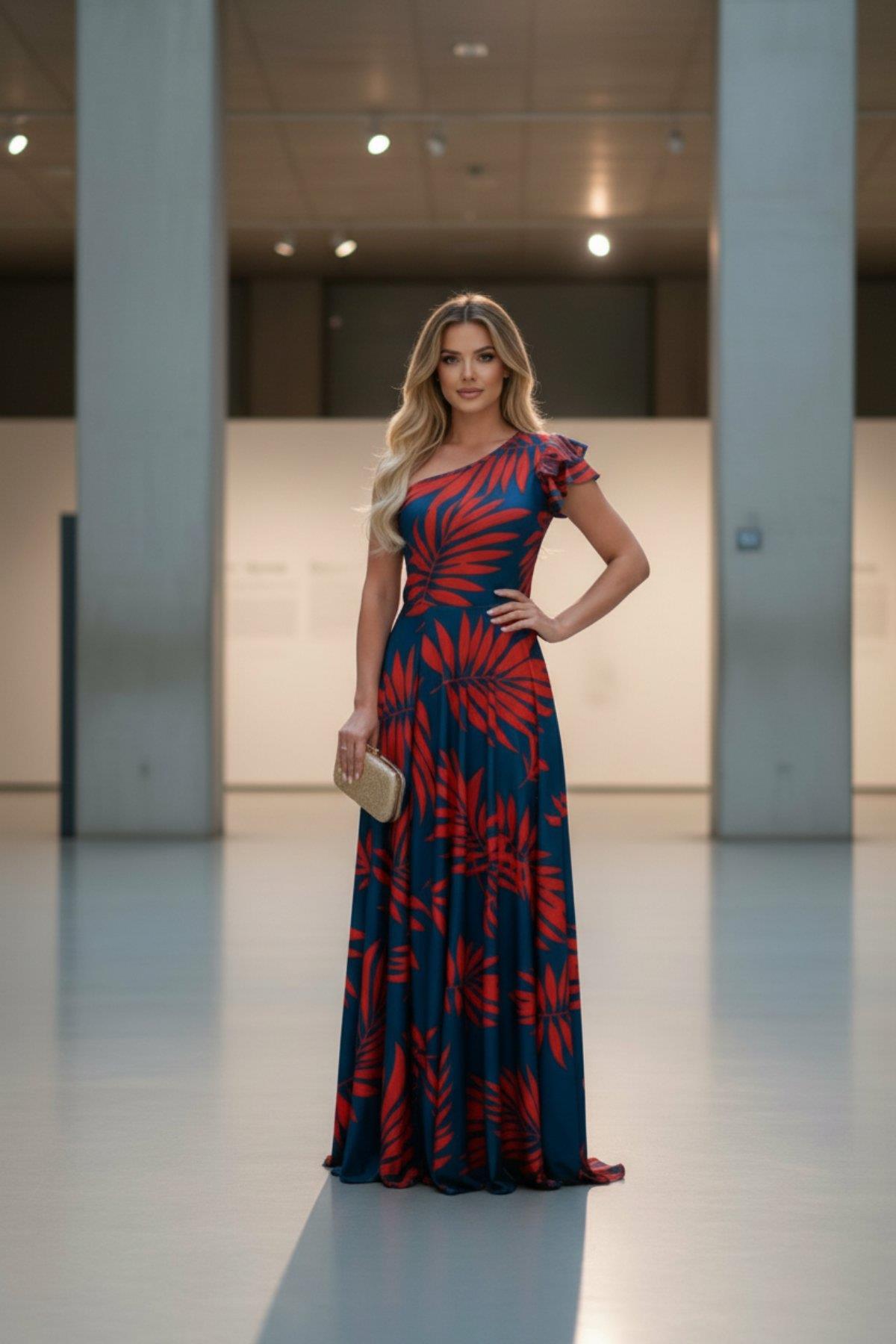 Tek Kol Tasarım Yırtmaçlı Desenli Elbise - Kırmızı