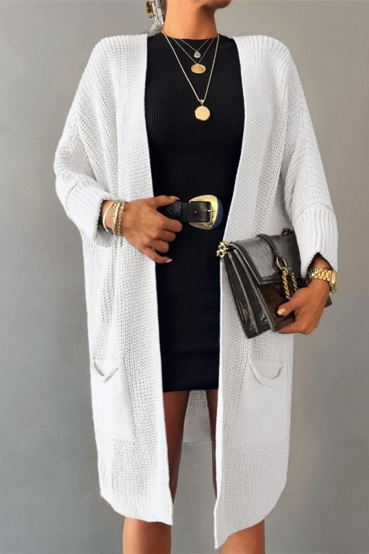 Oversize Kesim Cepli Triko Hırka - Beyaz