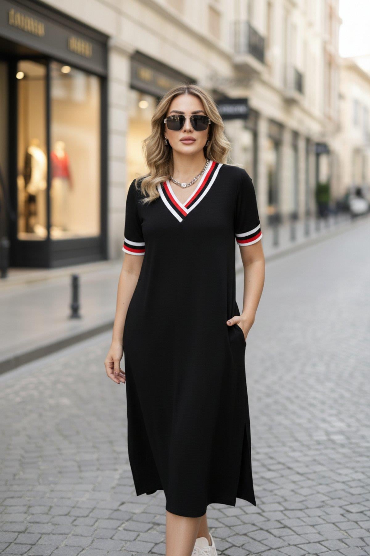 Kısa Kollu V Yaka Kol Ve Yaka Ribana Detay Midi Boy Viskon Elbise Kırmızı