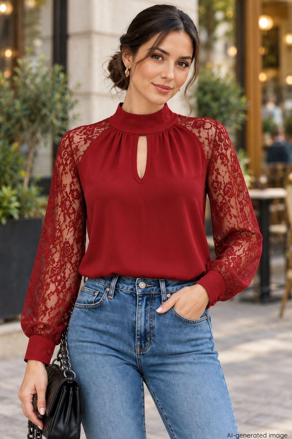 Göğüs Pencere Detay Yaka Boğazlı Kolları Tüllü Sandy Bluz Bordo