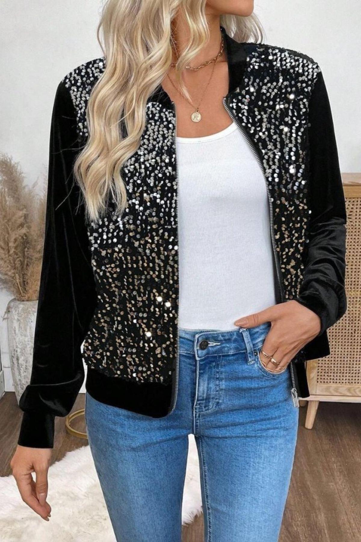Fermuarlı Payetli Kadife Ceket - Siyah