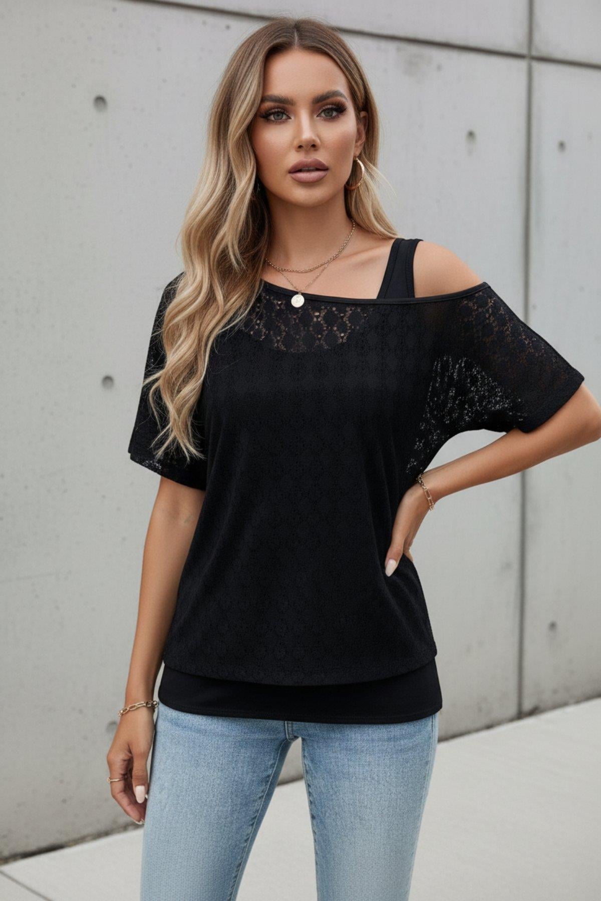 Omuz Dekolteli Dantel Bluz Ve Atlet ikili Takım - Siyah