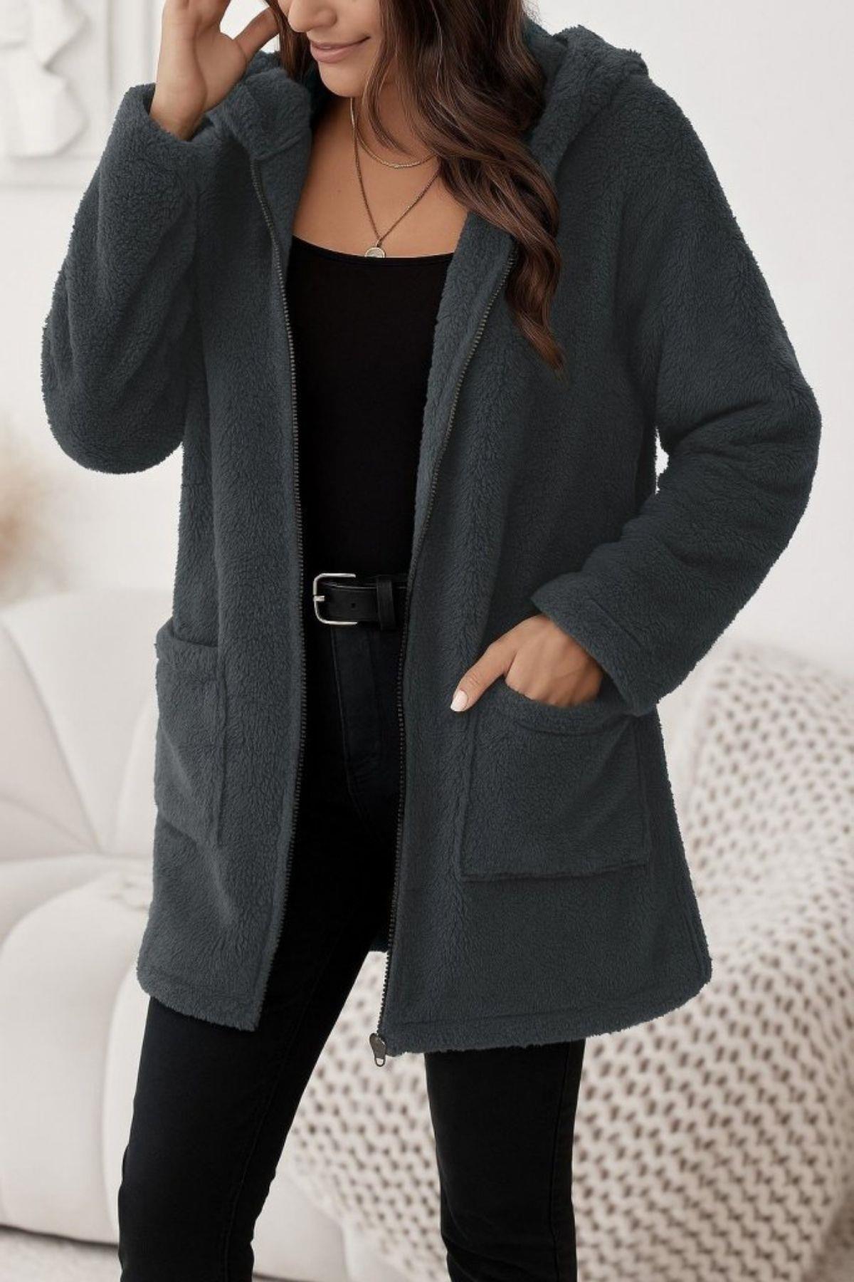 Kapüşonlu Fermuarlı Ve Cepli Welsoft Ceket - Füme