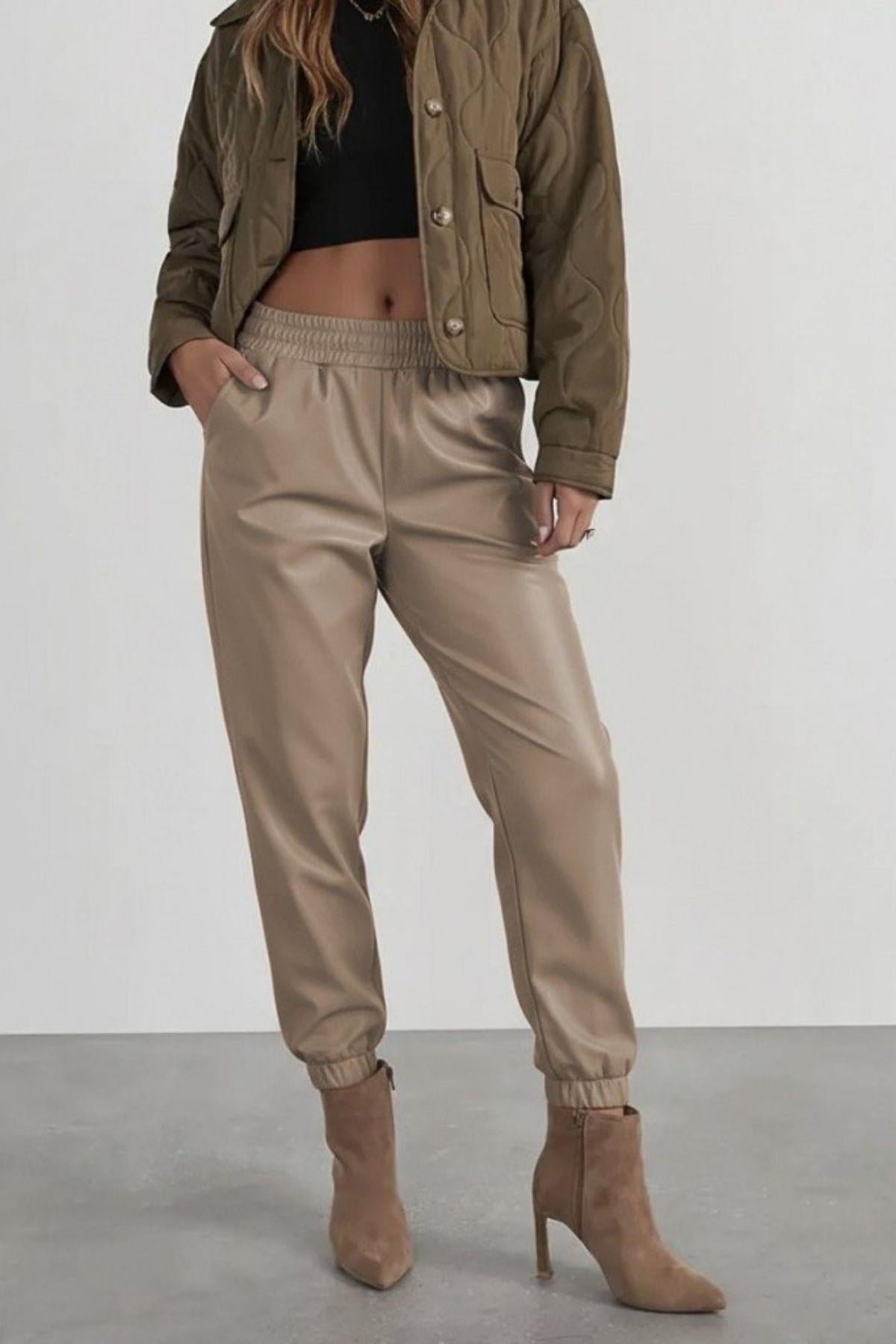 Yüksek Bel Lastikli Deri Pantolon - Bej