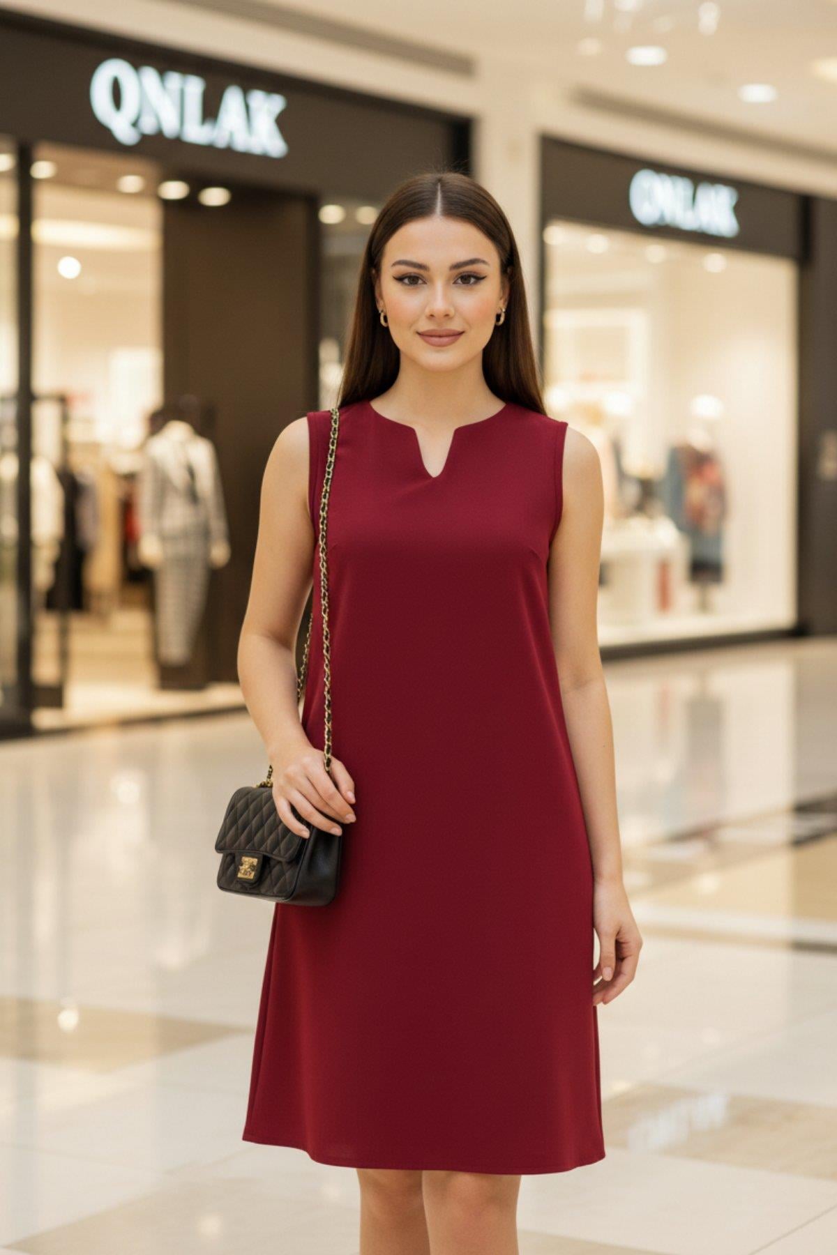 Günlük Şıklık Kolsuz Basic İthal Krep Elbise - Bordo
