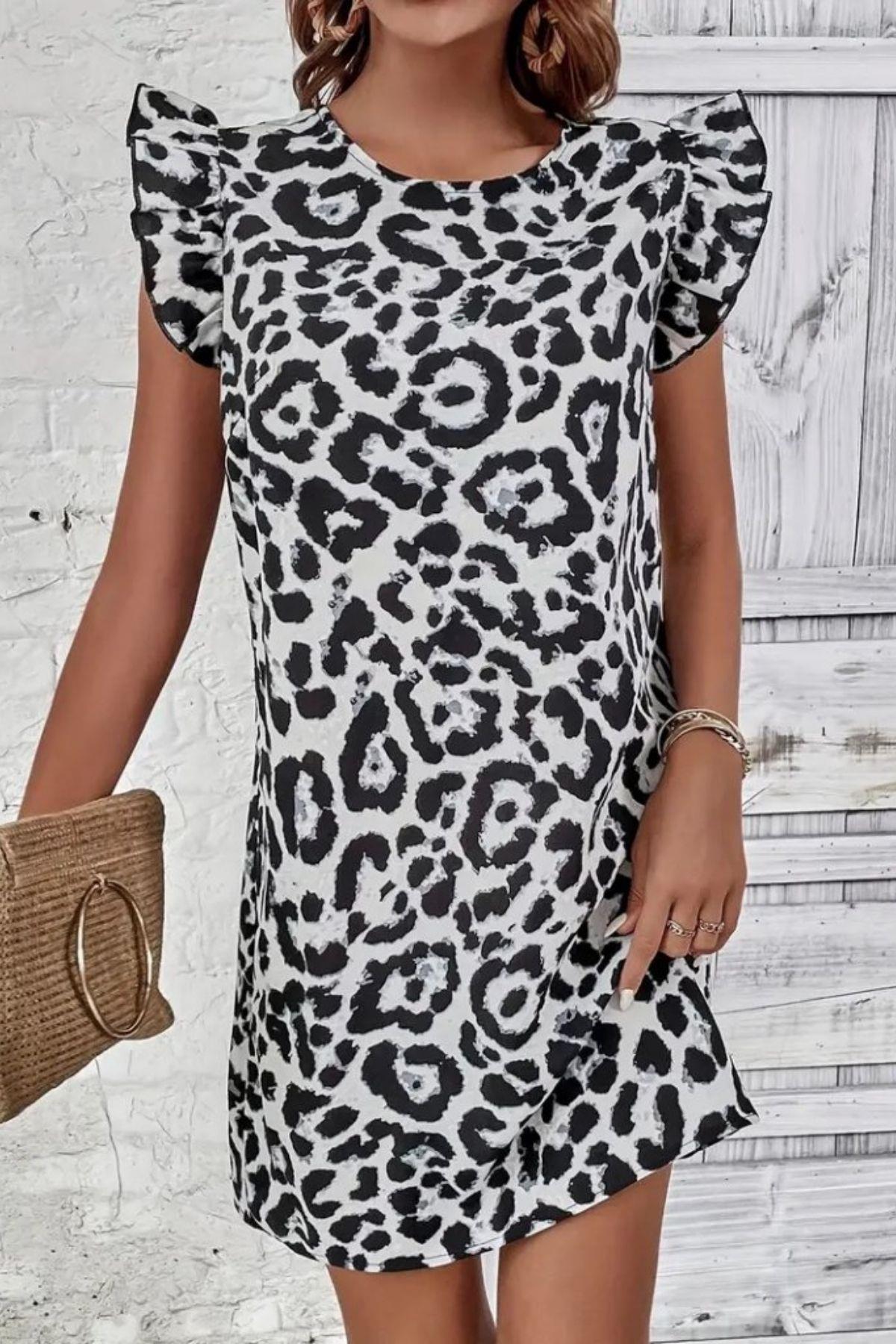 Leopar Desenli Volanlı Kollu Sırt Bağlamalı Elbise - Beyaz