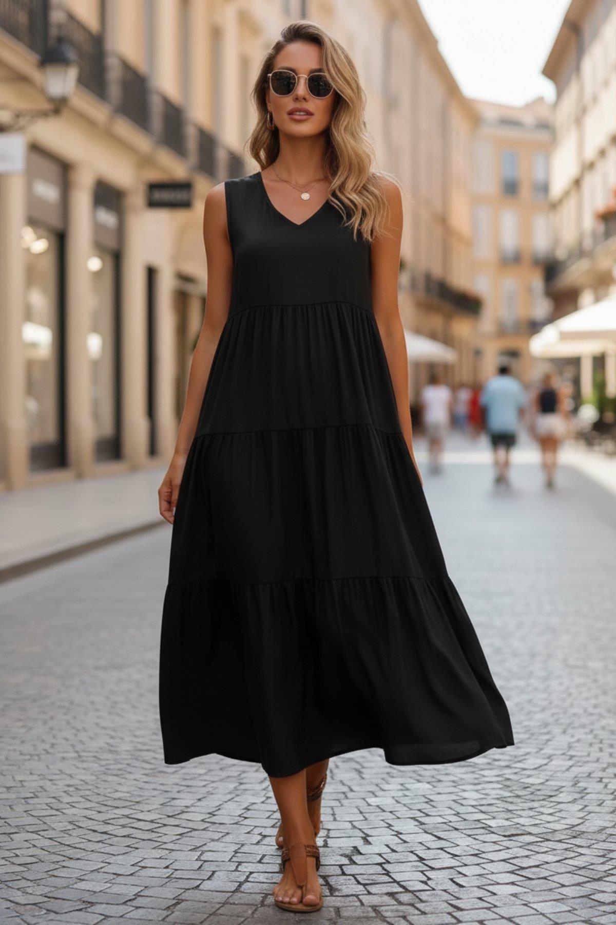 V Yaka Uzun Dokuma Viskon Elbise - Siyah