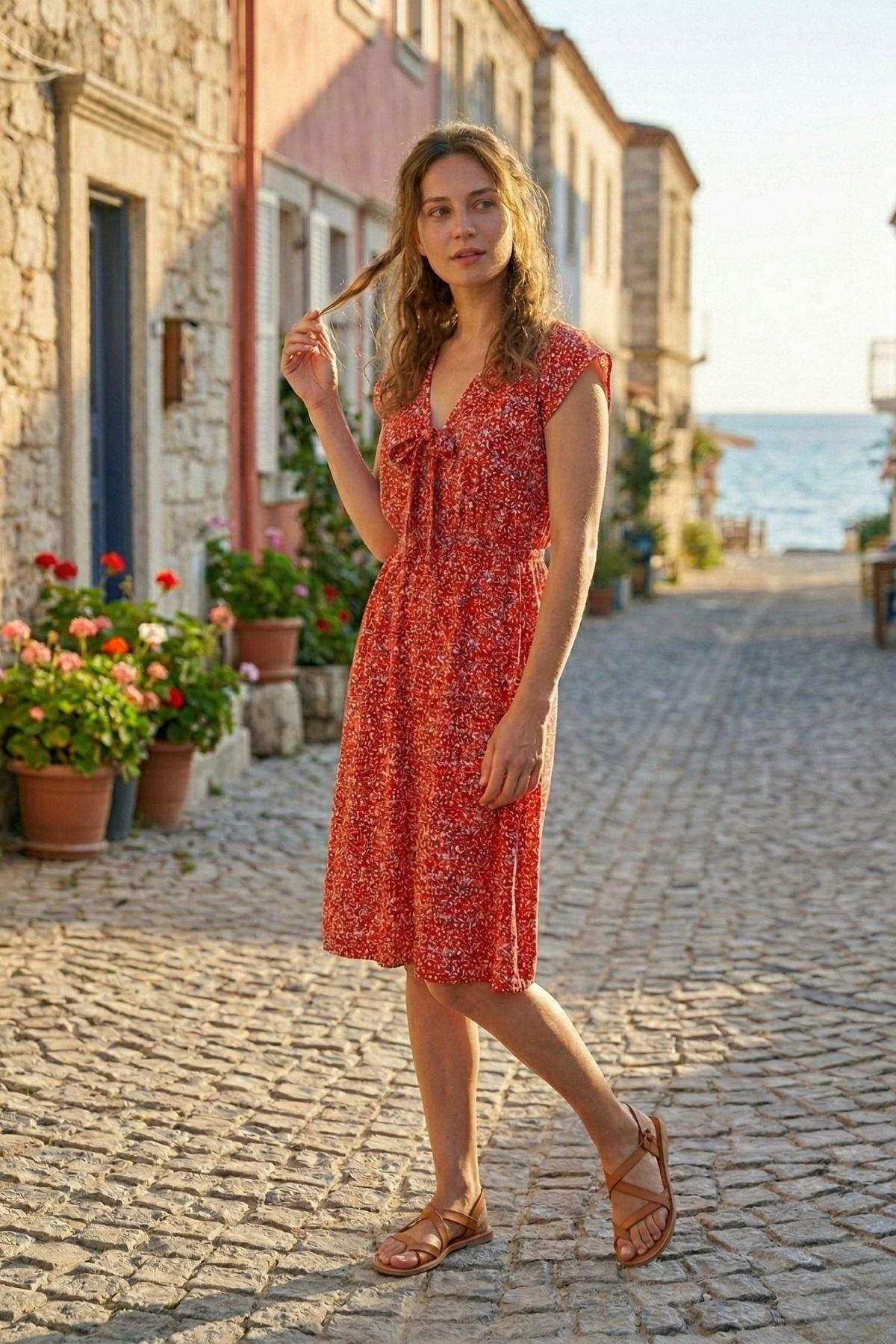 Kırmızı Çiçekli Dokuma Viskon Günlük Uzun Elbise