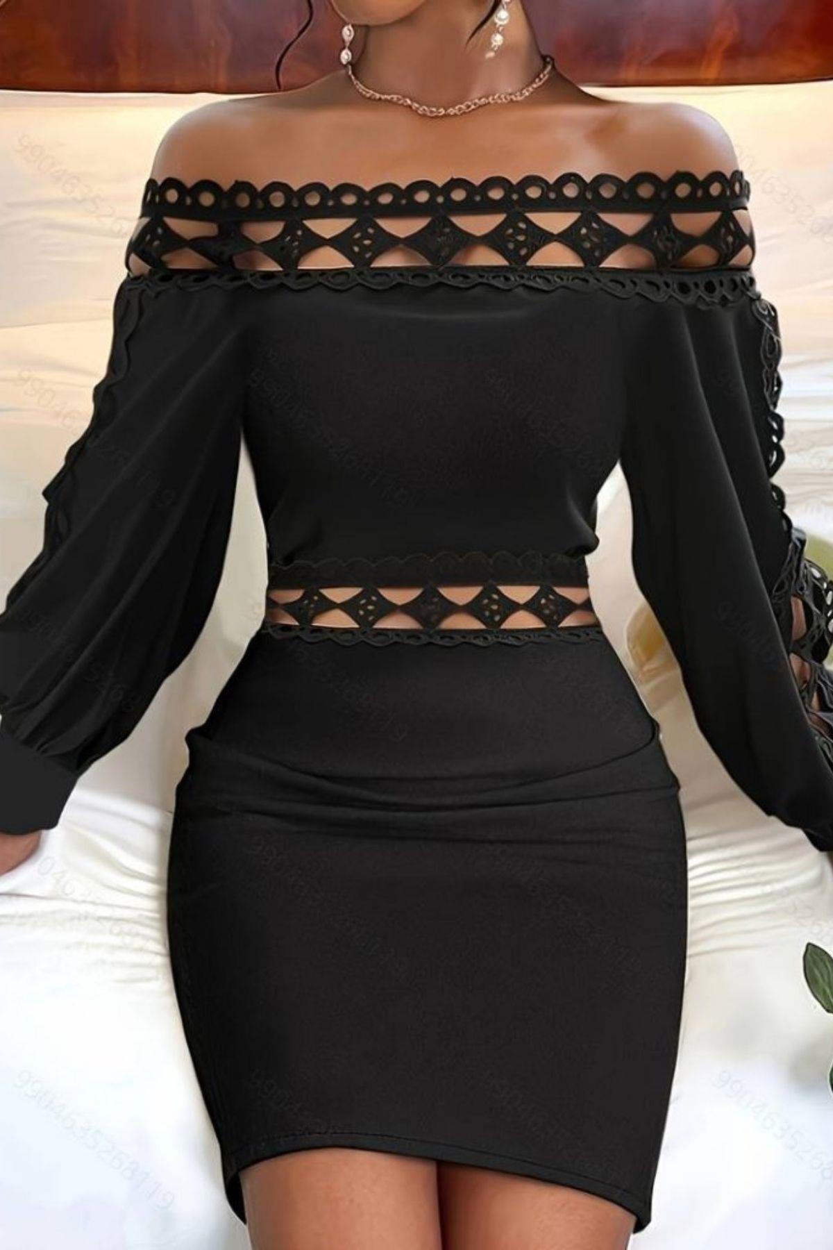 Madonna Yaka Lazer Kesim Detaylı Dalgıç Elbise - Siyah