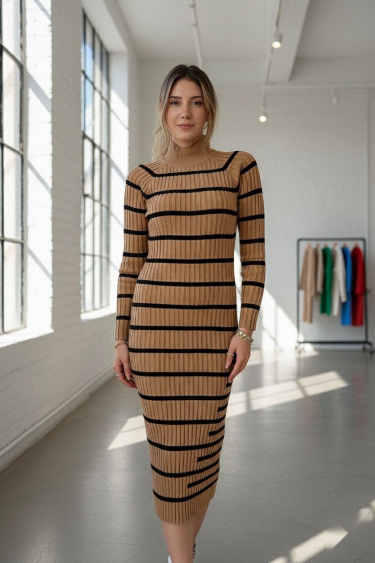 Balıkçı Yaka Uzun Kollu Çizgili Triko Elbise Kahve