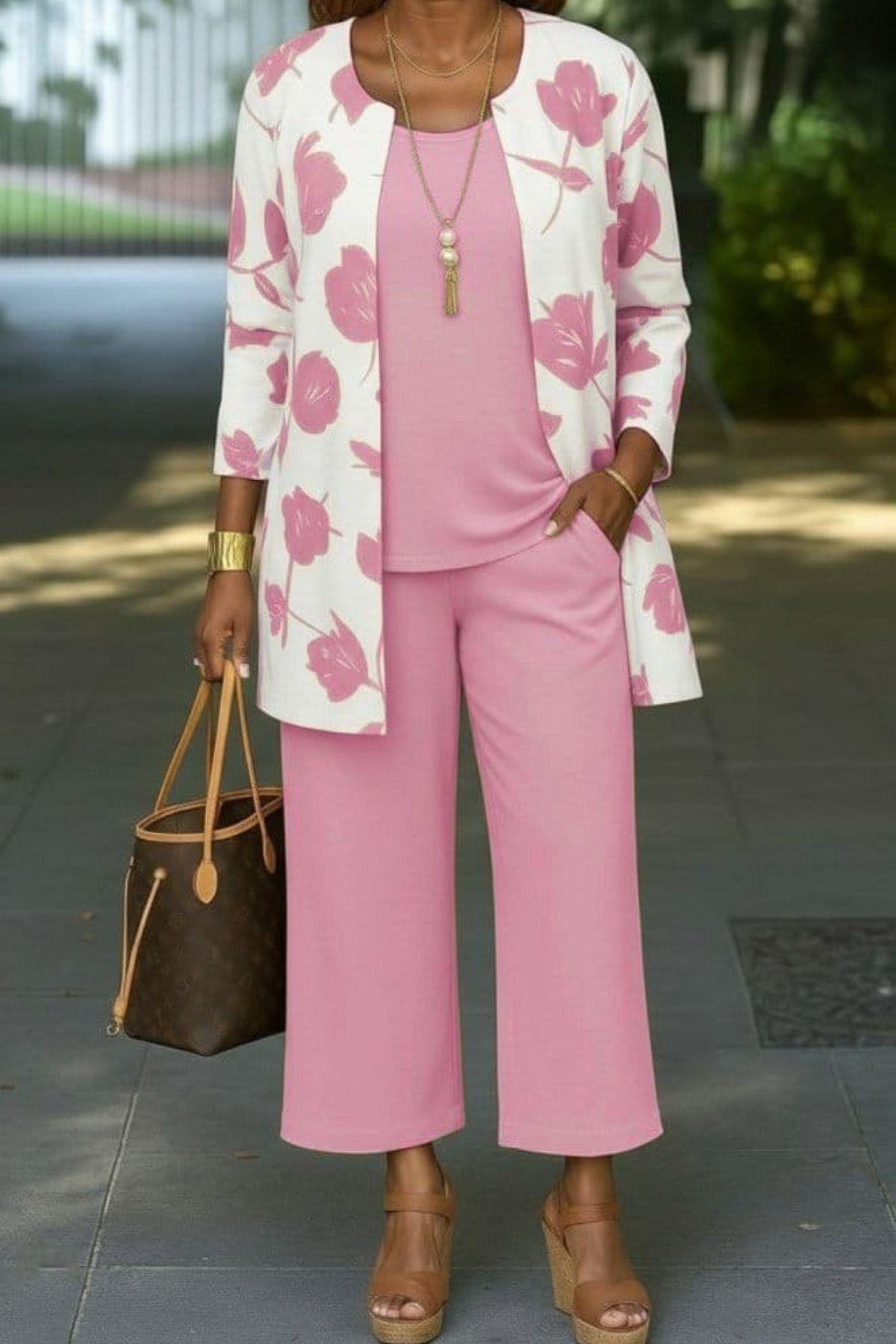 Önü Açık Modal Ceket Kolsuz Bluz Pantolon 3'lü Takım - Pembe