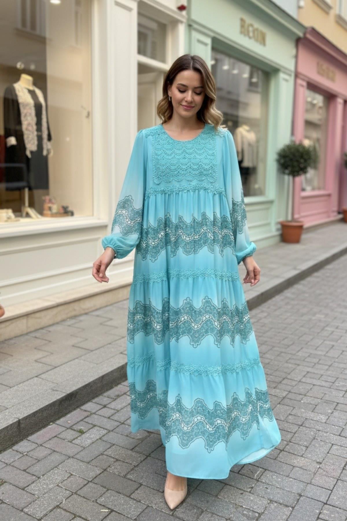 Turkuaz Bohem Dantel Detaylı Astarlı Şifon Elbise