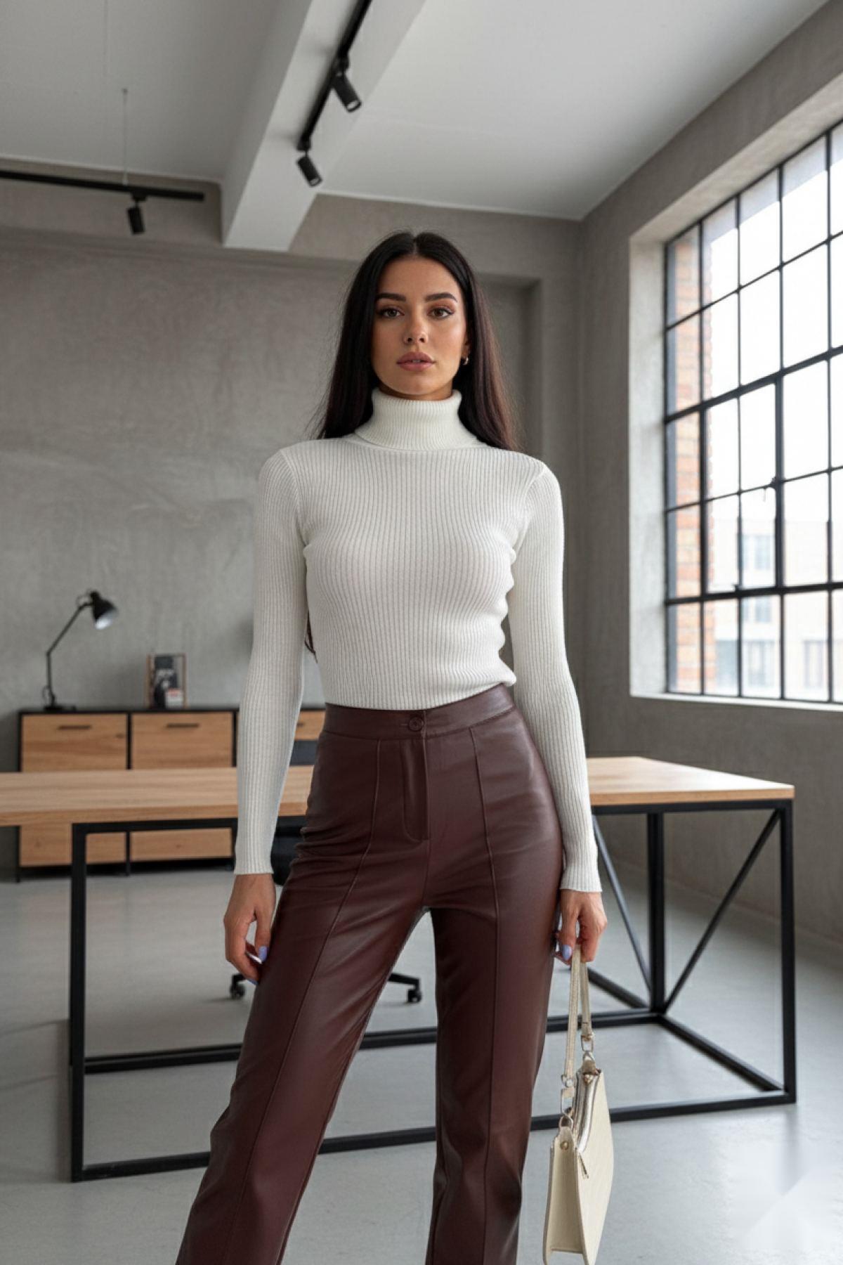 Balıkçı Yaka Fitilli Uzun Kollu Triko Ekru