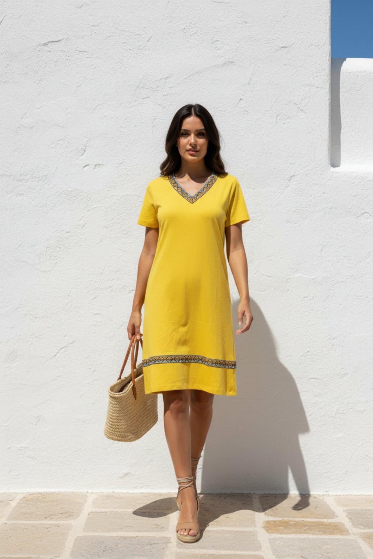 Etnik Desen Şerit Detaylı Viskon Elbise - Sarı