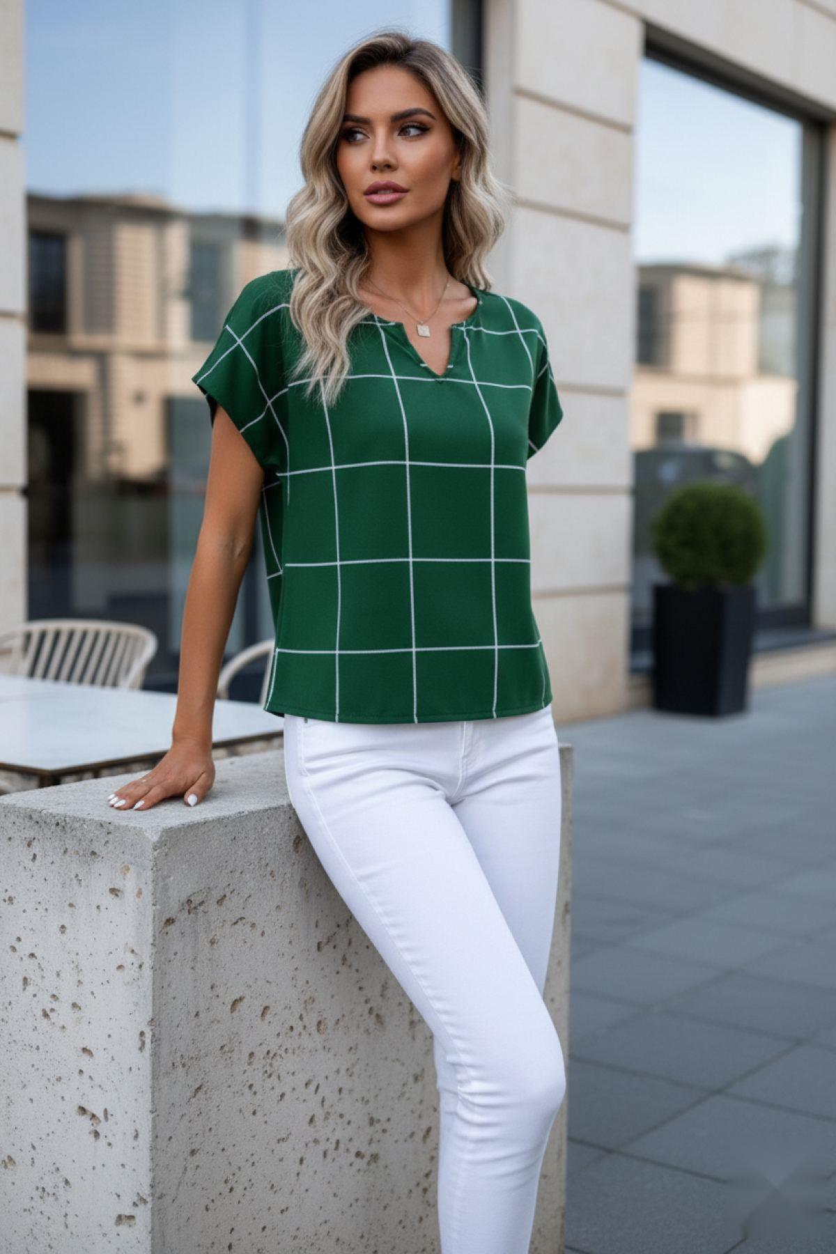 Ekose Desen Çentik Yaka Mikro Bluz Yeşil