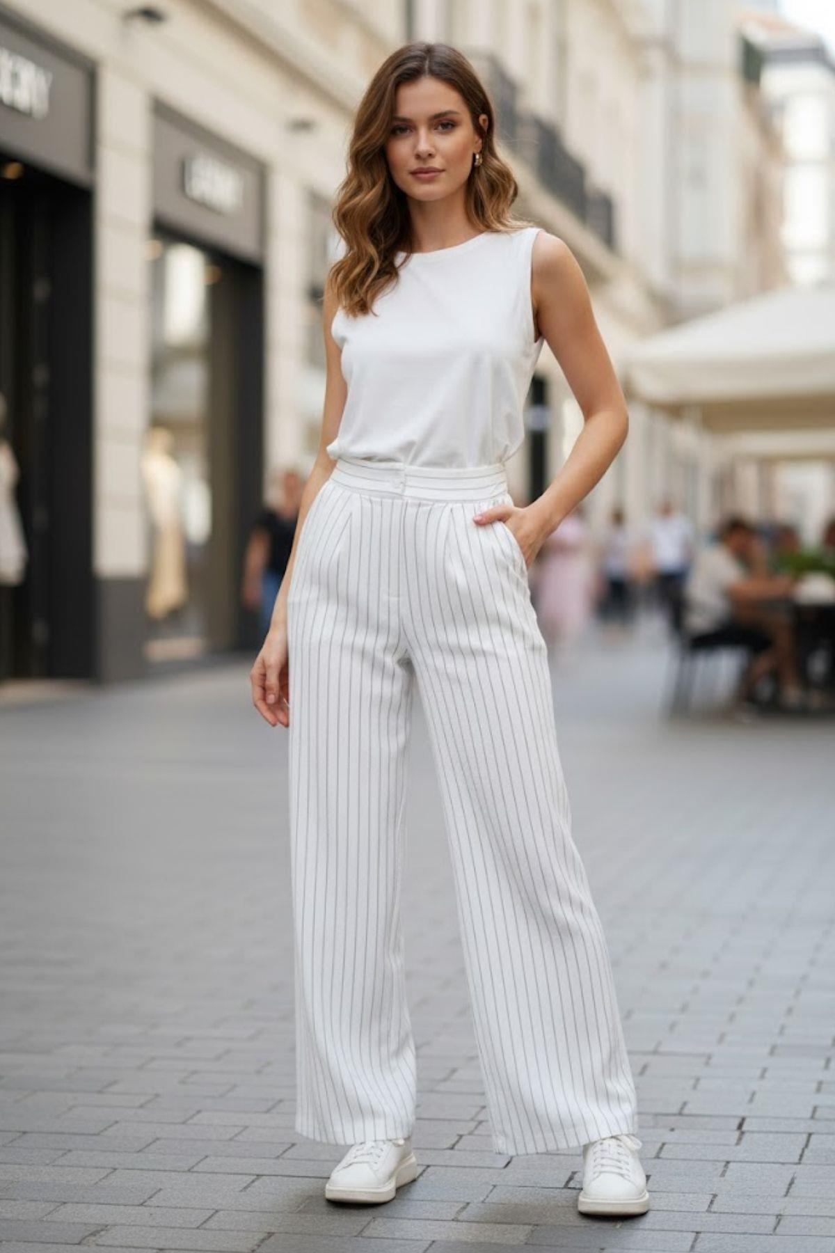 Cepli Çizgili Palazzo Pantolon Beyaz