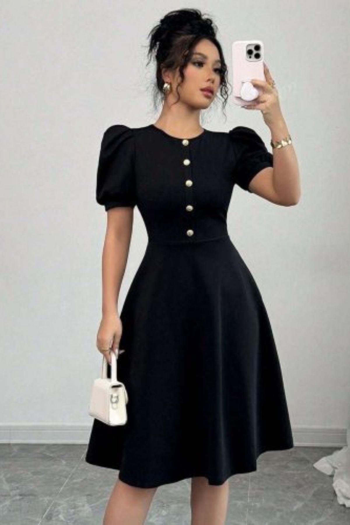 Ön Düğmeli Balon Kollu Midi Krep  Elbise - Siyah